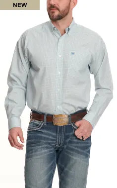 Men's Ariat Westlow Light Teal White Navy and Peach Plaid Wrinkle Free Long Sleeve Western Shirt