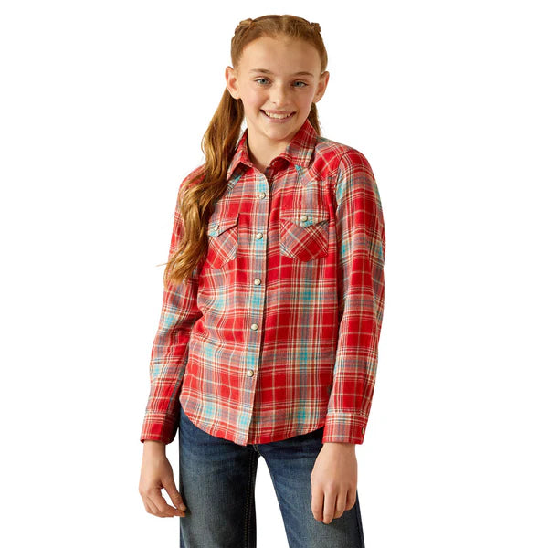 Girl's Ariat Barn Plaid Long Sleeve Western Snap Shirt