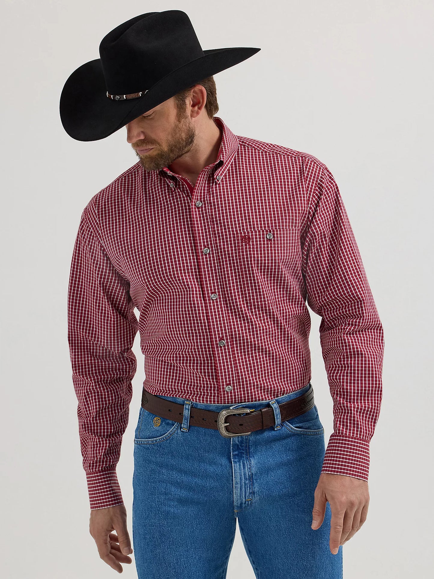 Men's Wrangler George Strait Long Sleeve Button Down - Carmine Plaid