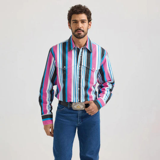 Men's Wrangler Vintage-Inspired Brushpopper Long Sleeve Western Snap - Multi Pink