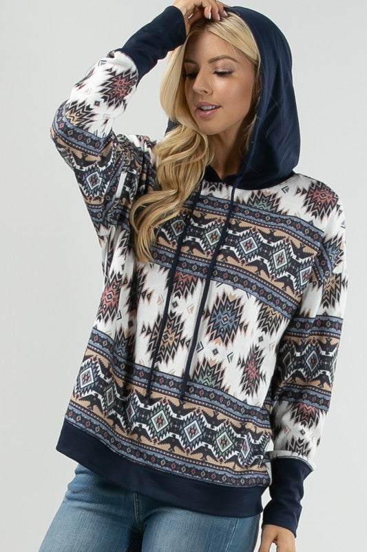 Women's Aztec Print Color Block Hoodie - Navy