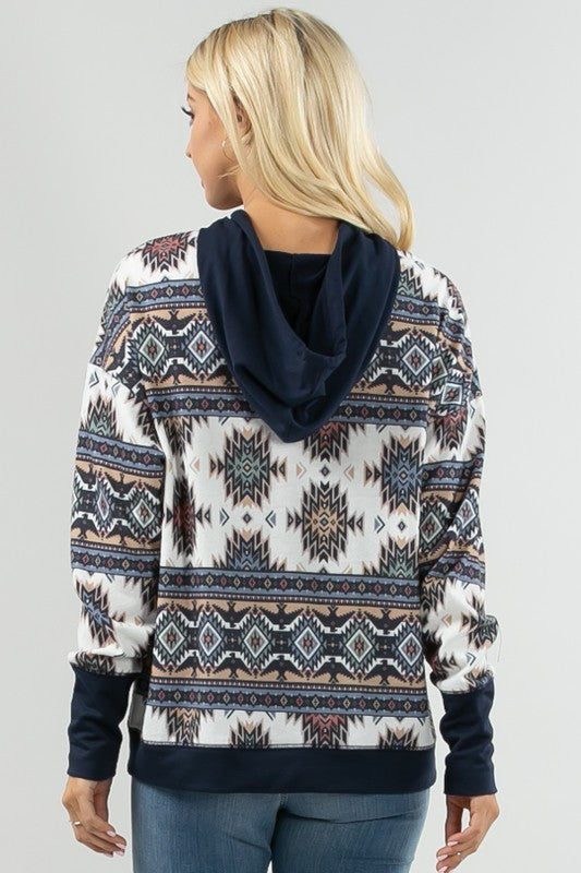 Women's Aztec Print Color Block Hoodie - Navy