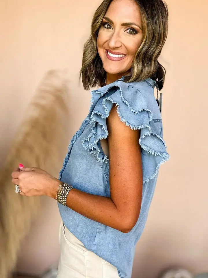 Women's Beau Blue Button Front Ruffled Flutter Frayed Denim Top