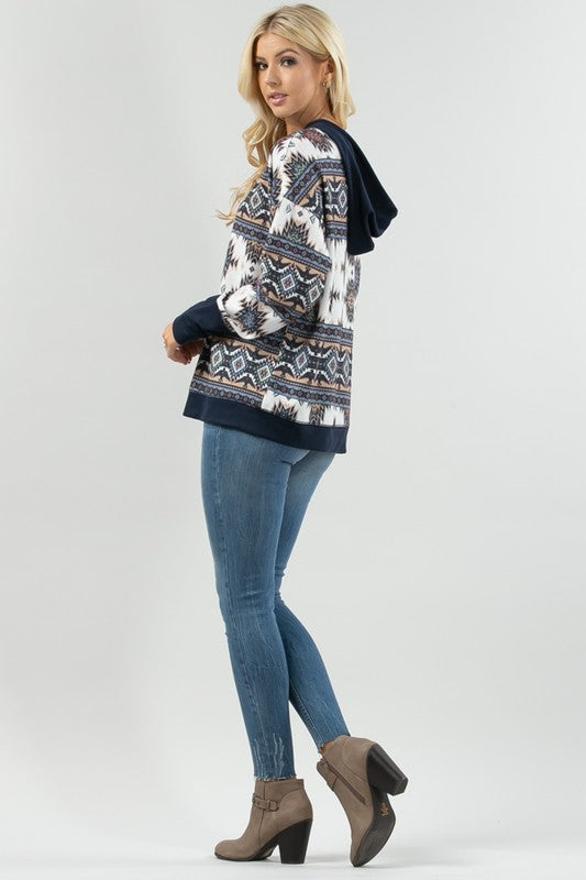 Women's Aztec Print Color Block Hoodie - Navy