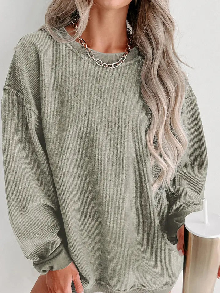 Women's Solid Ribbed Knit Round Neck Pullover Sweatshirt