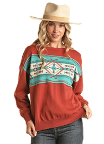 Women's Rock & Roll Denim Rust and Teal Aztec Slouchy Pullover