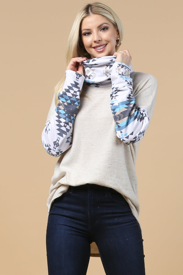 Women's Aztec Print Color Block Cowl Neck