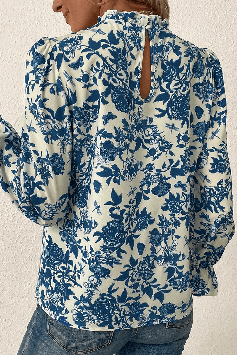 Women' s Floral Print Flounce Sleeve Keyhole Back Blouse