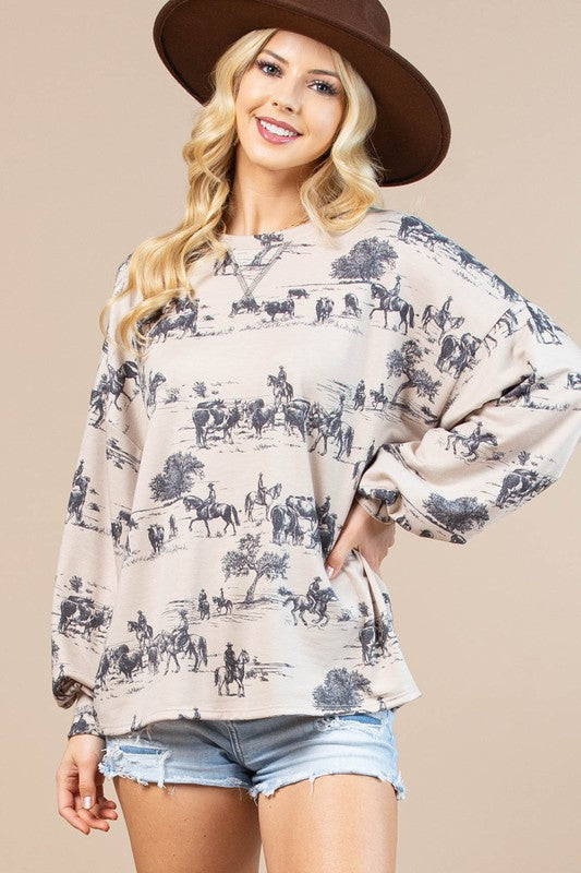 Women's Western Print French Terry Sweatshirt