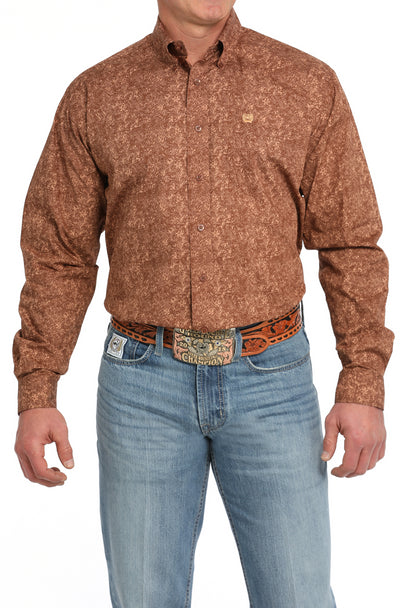 Men's Cinch Brown Print Button Down Long Sleeve Shirt