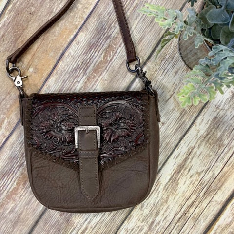 Montana West Brown Tooled Buckle Crossbody Purse