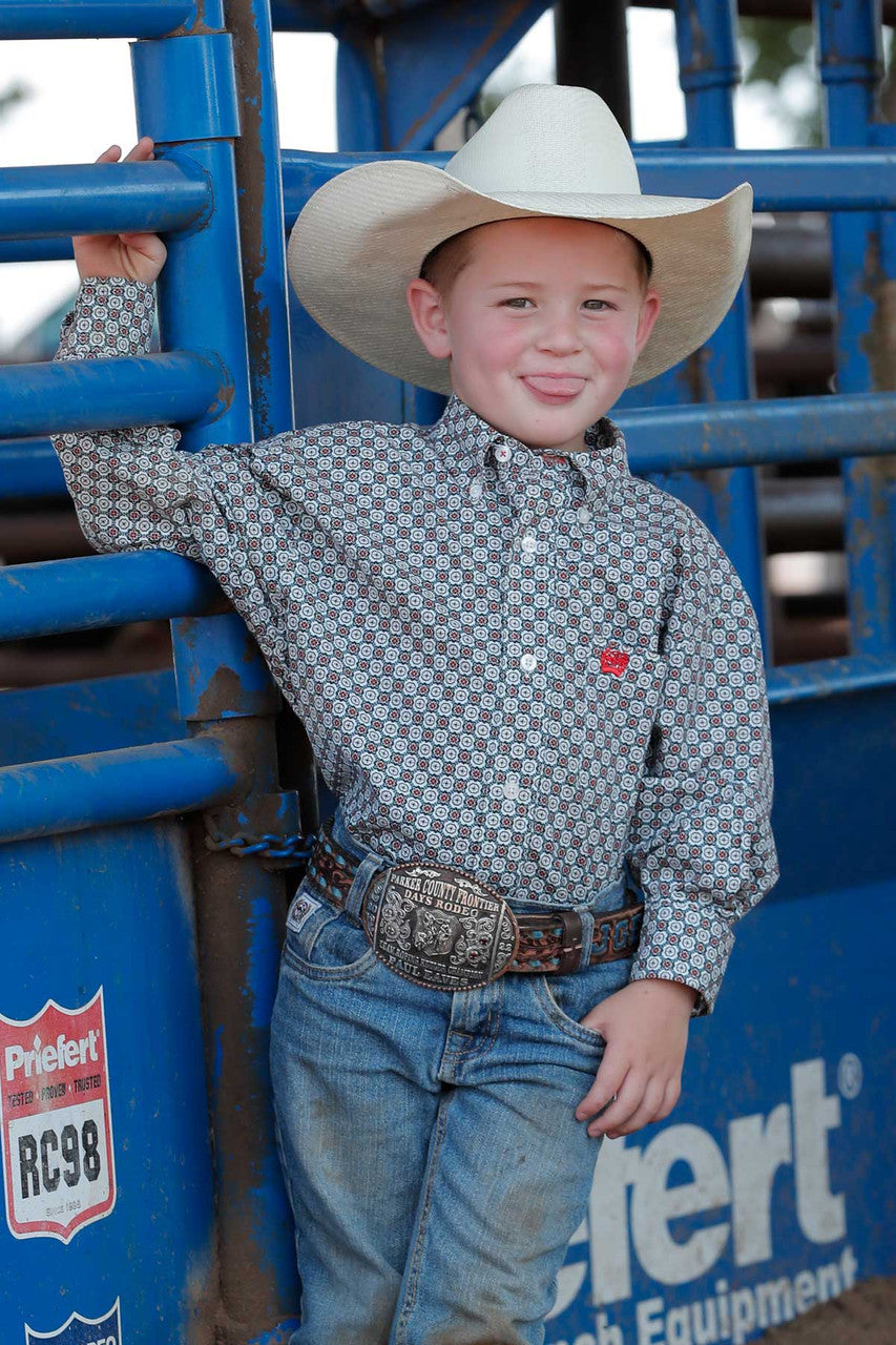 Boy's Cinch Long Sleeve Medallion Print Shirt - Grey