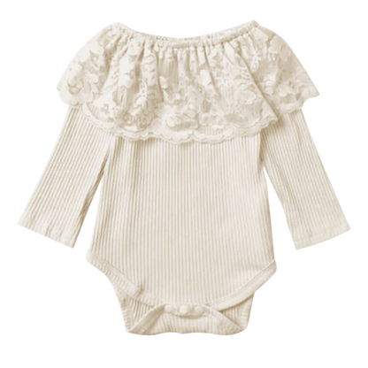 Girl's Shea Baby Cream Lace Neck Long Sleeve Onesie