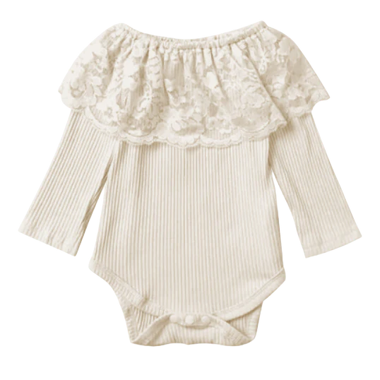 Girl's Shea Baby Cream Lace Neck Long Sleeve Onesie