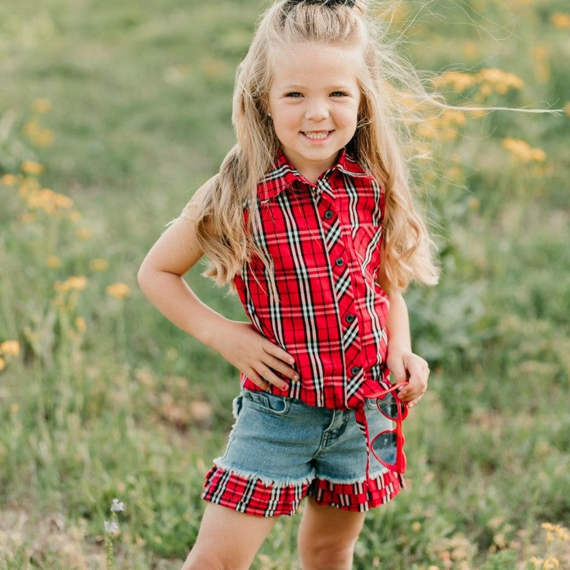 Girl's Shea Baby Denim Shorts with Plaid Riffle Bottoms