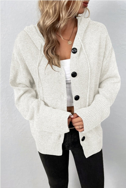 Women's Drawstring Hooded Button-Up Sweater Cardigan