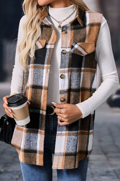 Women's Retro Plaid Button Up Collared Vest