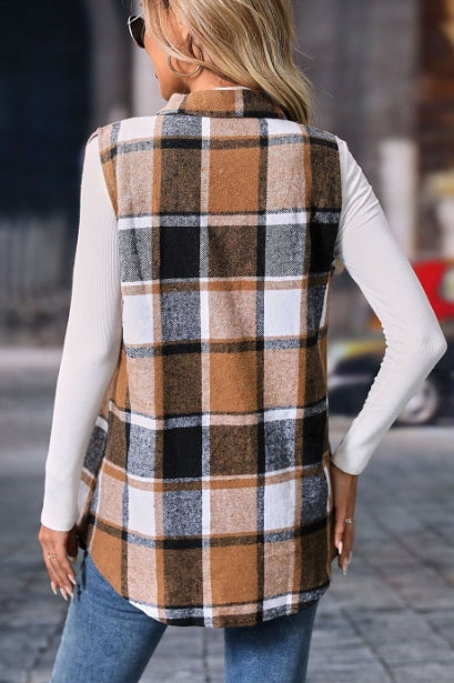 Women's Retro Plaid Button Up Collared Vest