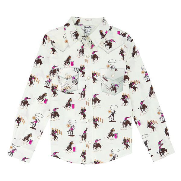 Girl's Wrangler Rodeo Cowboy Print Long Sleeve Snap Shirt