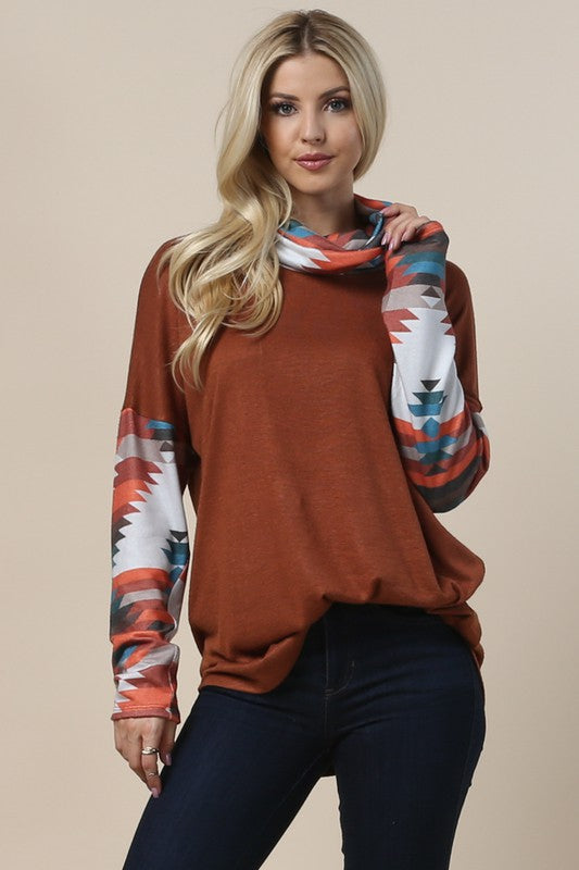 Women's Aztec Print Color Block Cowl Neck