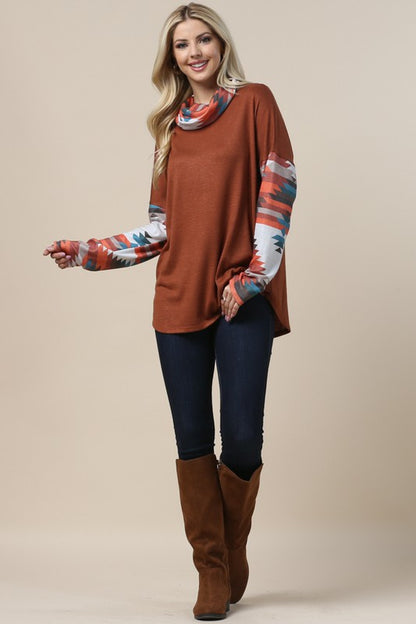 Women's Aztec Print Color Block Cowl Neck