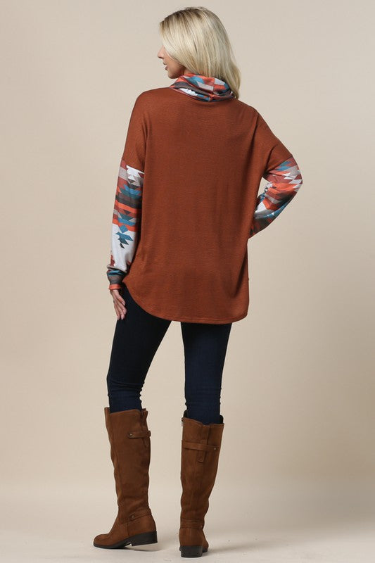 Women's Aztec Print Color Block Cowl Neck