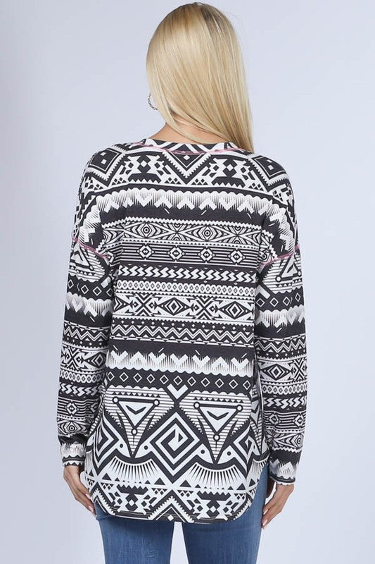 Women's Aztec Print V Neck Long Sleeve Top