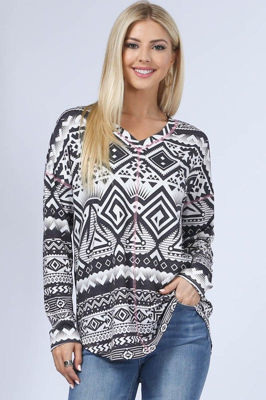 Women's Aztec Print V Neck Long Sleeve Top