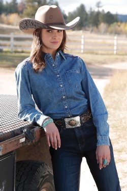 Women's Match Girls Girlfriend Fit Embroidered Denim Western Shirt - Indigo