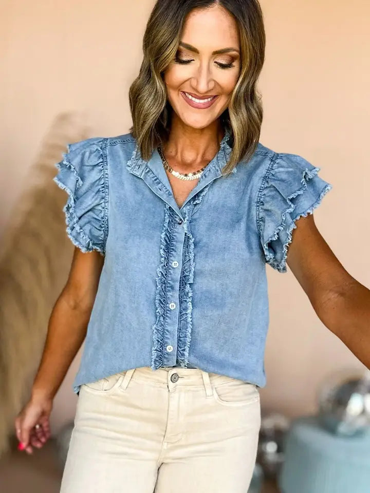 Women's Beau Blue Button Front Ruffled Flutter Frayed Denim Top