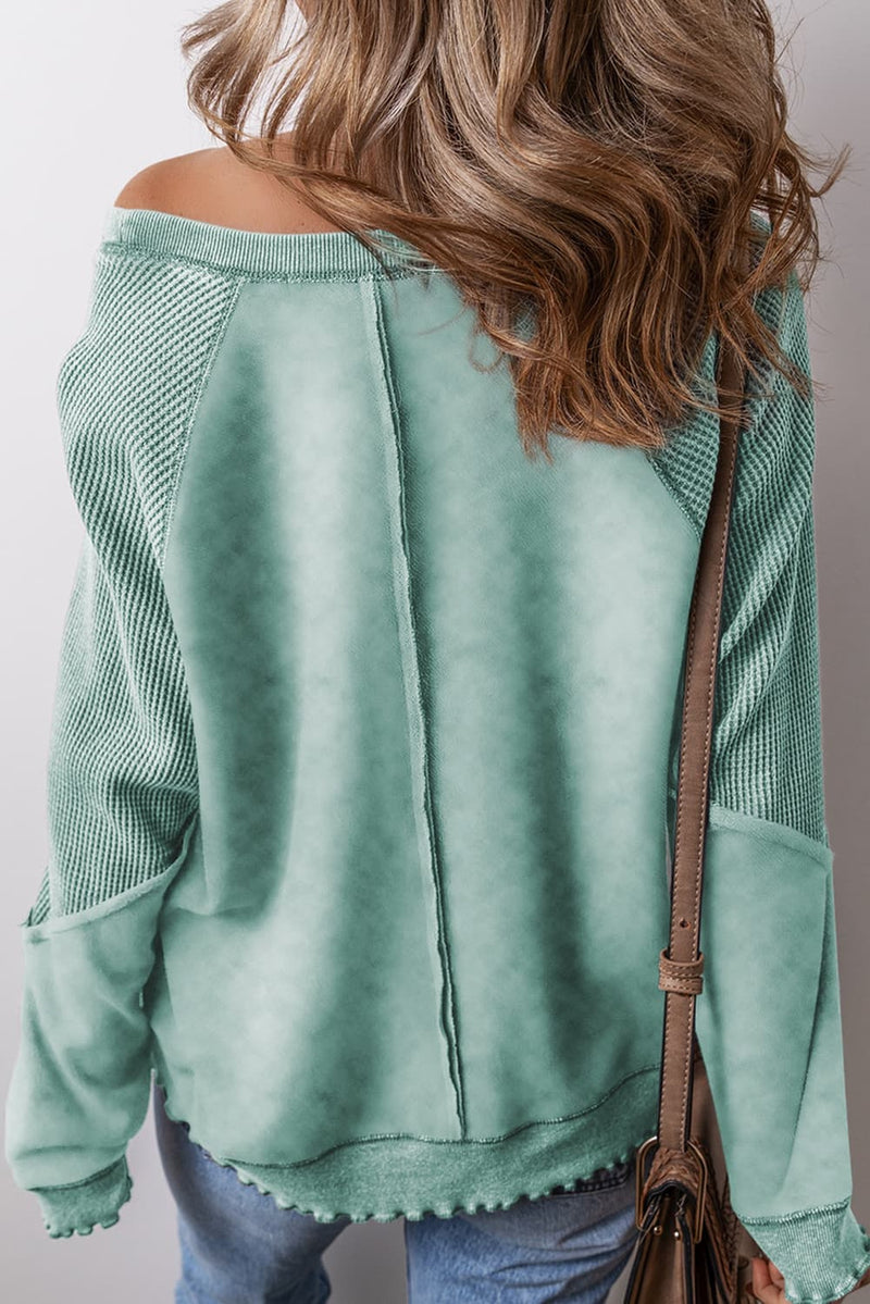 Women's Solid Waffle Knit Patchwork Raglan Sleeve Sweatshirt -Mint