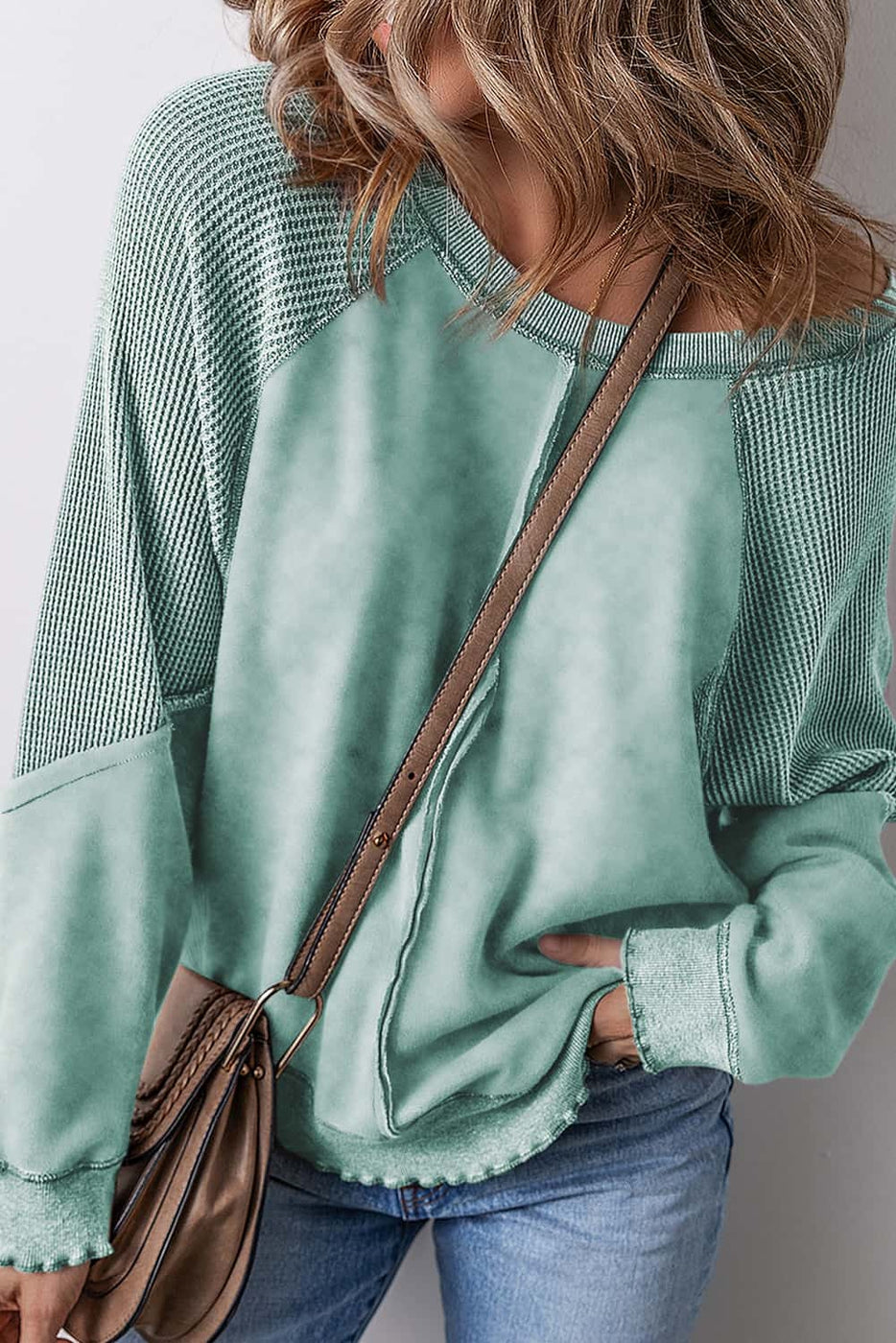 Women's Solid Waffle Knit Patchwork Raglan Sleeve Sweatshirt -Mint