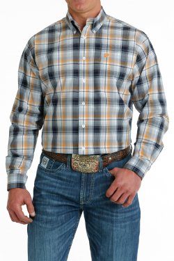 Men's Cinch PLAID BUTTON-DOWN WESTERN SHIRT - LIGHT BLUE / NAVY / ORANGE