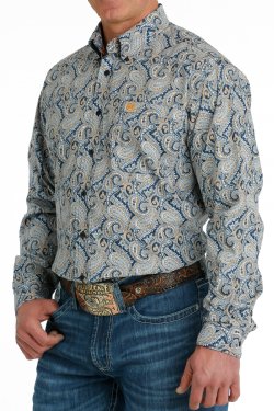 Men's Cinch PAISLEY PRINT BUTTON-DOWN WESTERN SHIRT - NAVY / BLUE / ORANGE