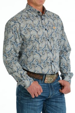 Men's Cinch PAISLEY PRINT BUTTON-DOWN WESTERN SHIRT - NAVY / BLUE / ORANGE