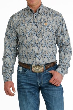 Men's Cinch PAISLEY PRINT BUTTON-DOWN WESTERN SHIRT - NAVY / BLUE / ORANGE