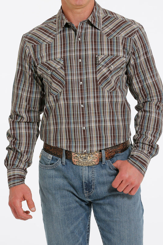 Men's Cinch Plaid Brown Snap Down Shirt