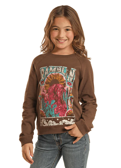 Girl's ROCK & ROLL COWGIRL RAMBLIN' JAVA GRAPHIC PULLOVER