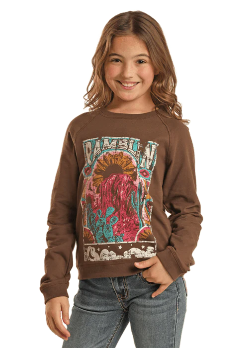 Girl's ROCK & ROLL COWGIRL RAMBLIN' JAVA GRAPHIC PULLOVER