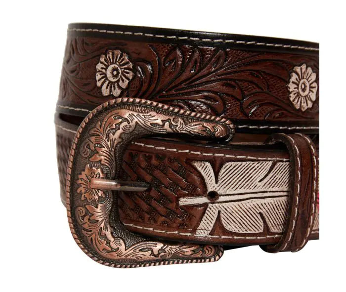 Women's Myra Pink feather Hand-Tooled Leather Belt