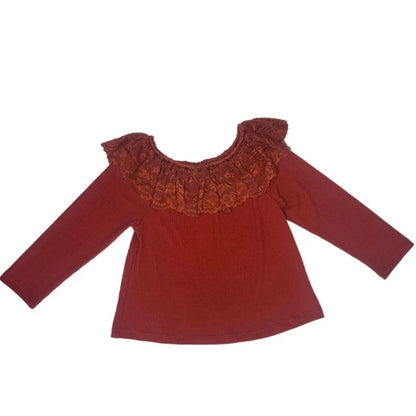 Girl's Shea Baby Burgundy Lace Neck Long Sleeve Shirt