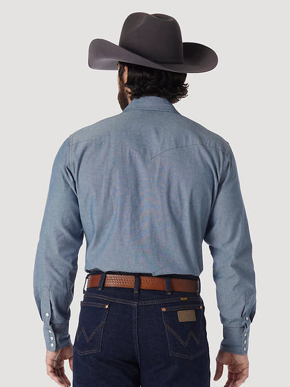 Men's Wrangler Cowboy Cut® Work Western Indigo Chambray Long Sleeve Shirt