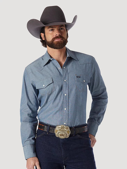 Men's Wrangler Cowboy Cut® Work Western Indigo Chambray Long Sleeve Shirt