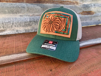 The Rodeo Rose Daisy Handtooled Leather Patch Cap with Turquoise Southwestern Border