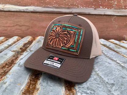 The Rodeo Rose Daisy Handtooled Leather Patch Cap with Turquoise Southwestern Border