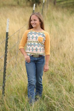 GIRL'S SOUTHWESTERN 3/4 SLEEVE TEE - GOLD