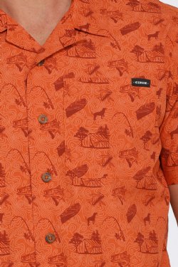 MEN'S CAMPING PRINT SHORT SLEEVE CAMP SHIRT - ORANGE